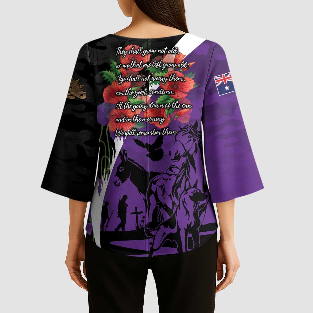 Australia ANZAC Day Kimono Sleeve Blouse Animals of War - Lest We Forget