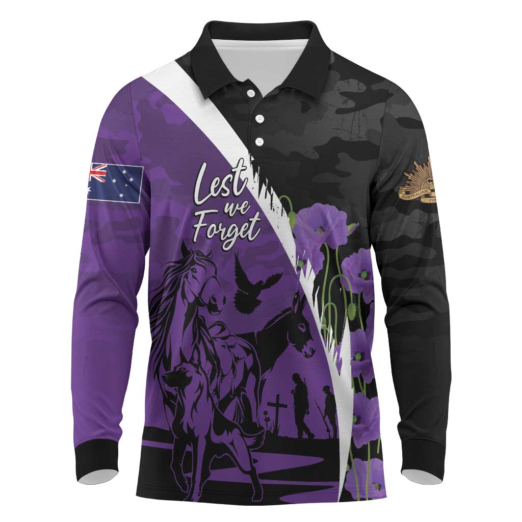 Australia ANZAC Day Long Sleeve Polo Shirt Animals of War - Lest We Forget