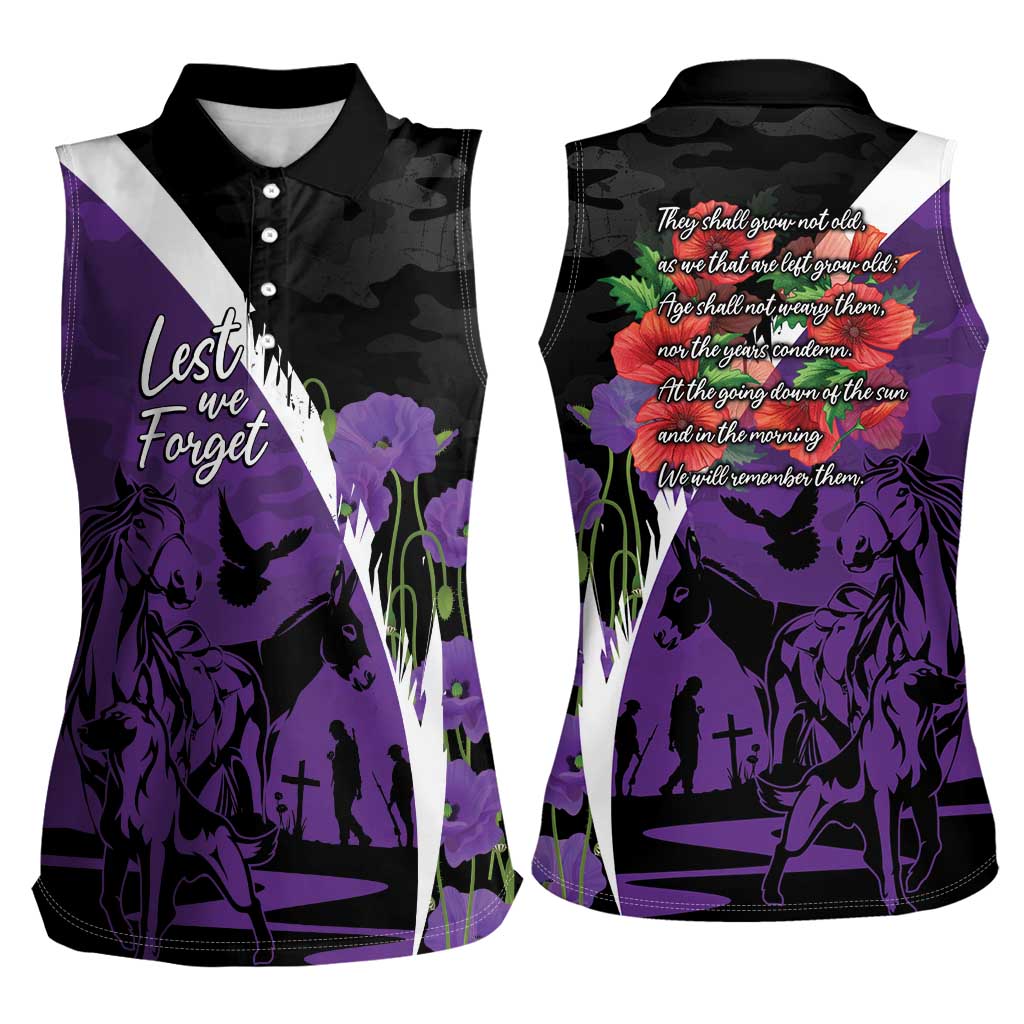 Australia ANZAC Day Women Sleeveless Polo Shirt Animals of War - Lest We Forget