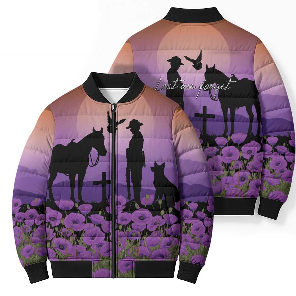 Australia ANZAC Animal Heroes Bomber Puffer Jacket Purple Poppies