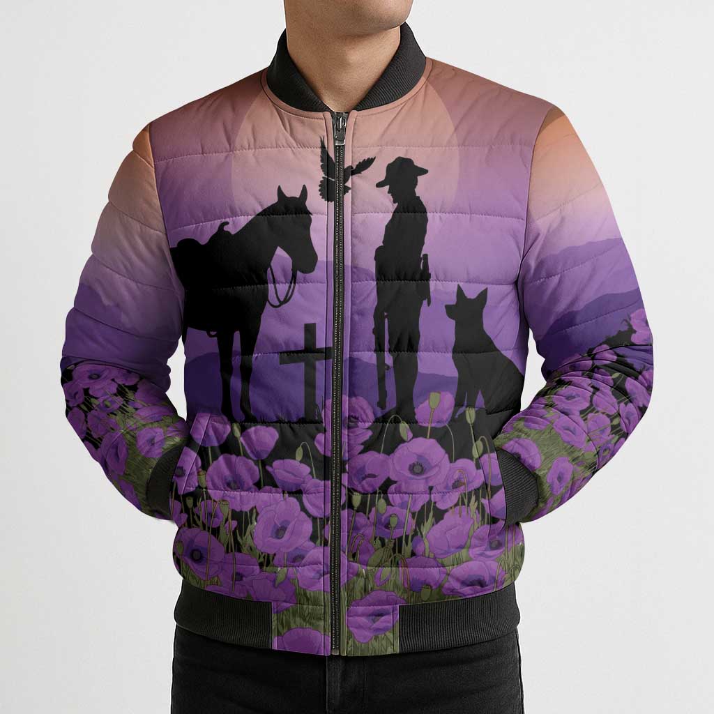 Australia ANZAC Animal Heroes Bomber Puffer Jacket Purple Poppies