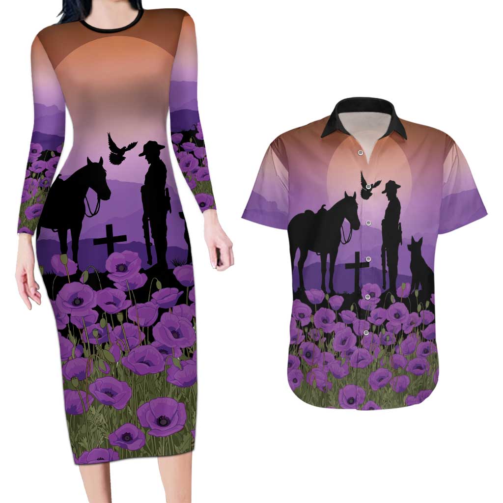 Australia ANZAC Animal Heroes Couples Matching Long Sleeve Bodycon Dress and Hawaiian Shirt Purple Poppies