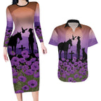 Australia ANZAC Animal Heroes Couples Matching Long Sleeve Bodycon Dress and Hawaiian Shirt Purple Poppies