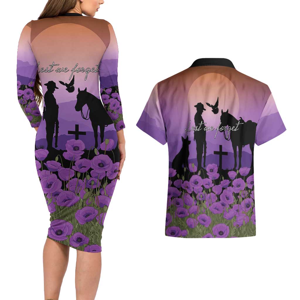 Australia ANZAC Animal Heroes Couples Matching Long Sleeve Bodycon Dress and Hawaiian Shirt Purple Poppies