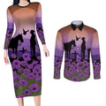 Australia ANZAC Animal Heroes Couples Matching Long Sleeve Bodycon Dress and Long Sleeve Button Shirt Purple Poppies