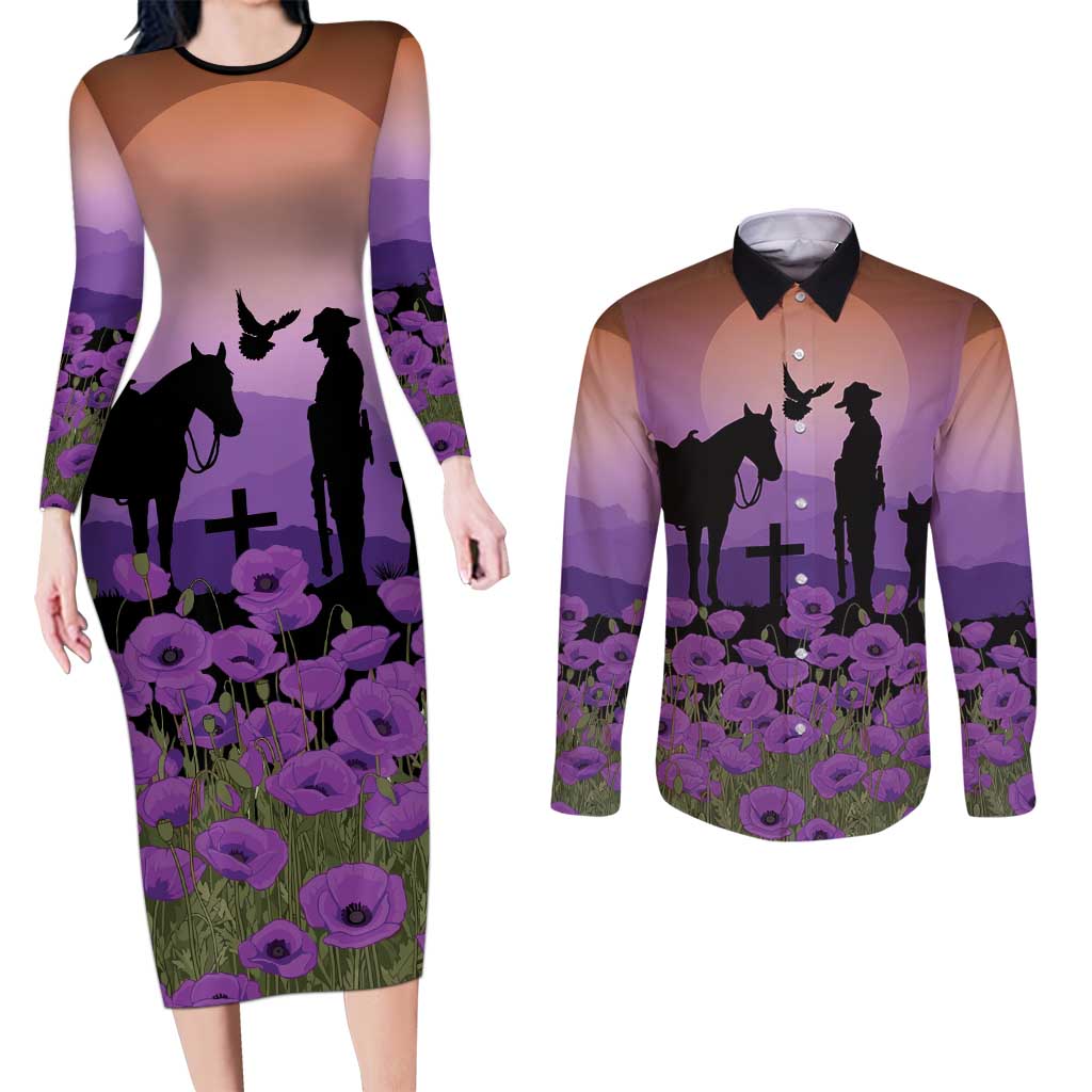 Australia ANZAC Animal Heroes Couples Matching Long Sleeve Bodycon Dress and Long Sleeve Button Shirt Purple Poppies
