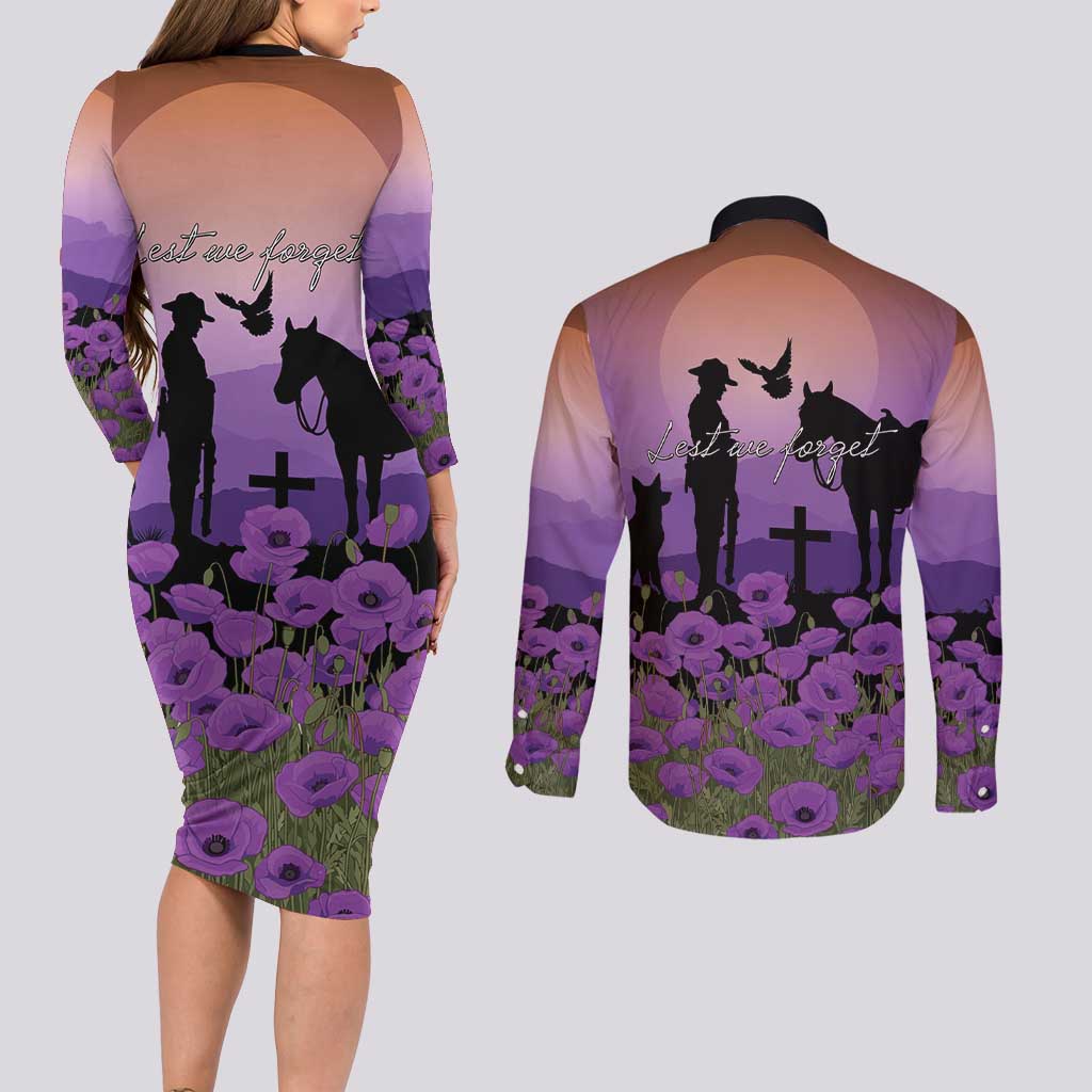 Australia ANZAC Animal Heroes Couples Matching Long Sleeve Bodycon Dress and Long Sleeve Button Shirt Purple Poppies