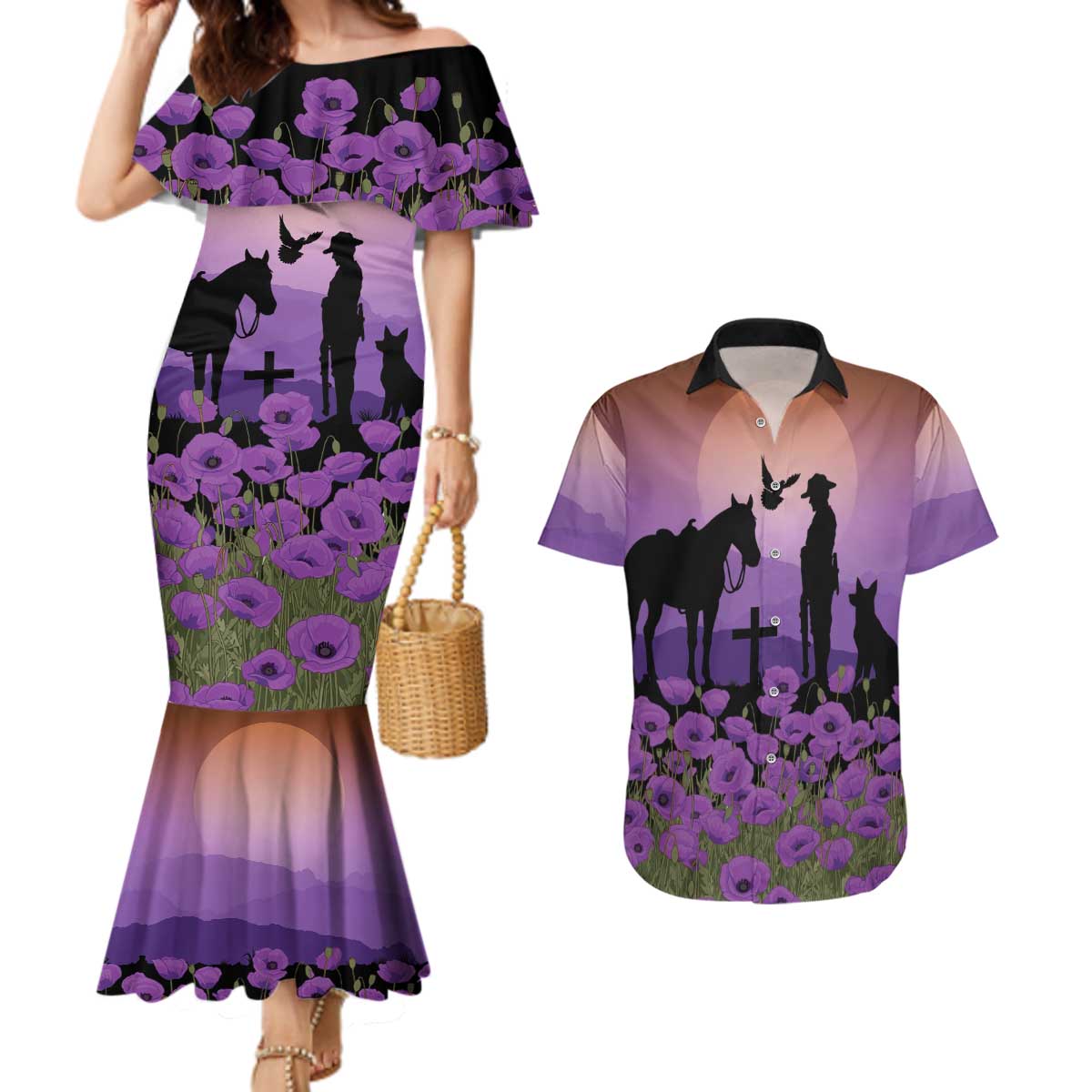 Australia ANZAC Animal Heroes Couples Matching Mermaid Dress and Hawaiian Shirt Purple Poppies