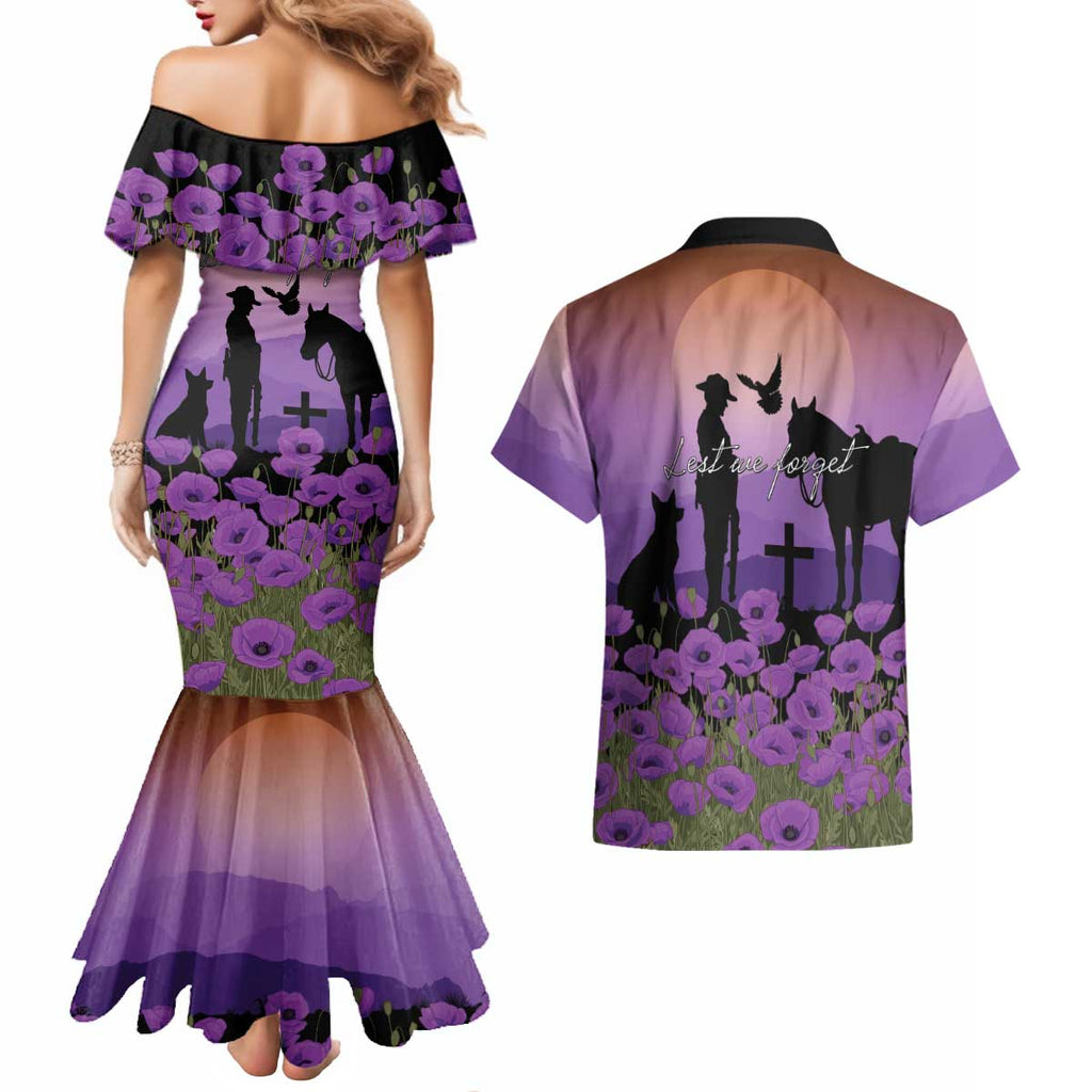 Australia ANZAC Animal Heroes Couples Matching Mermaid Dress and Hawaiian Shirt Purple Poppies