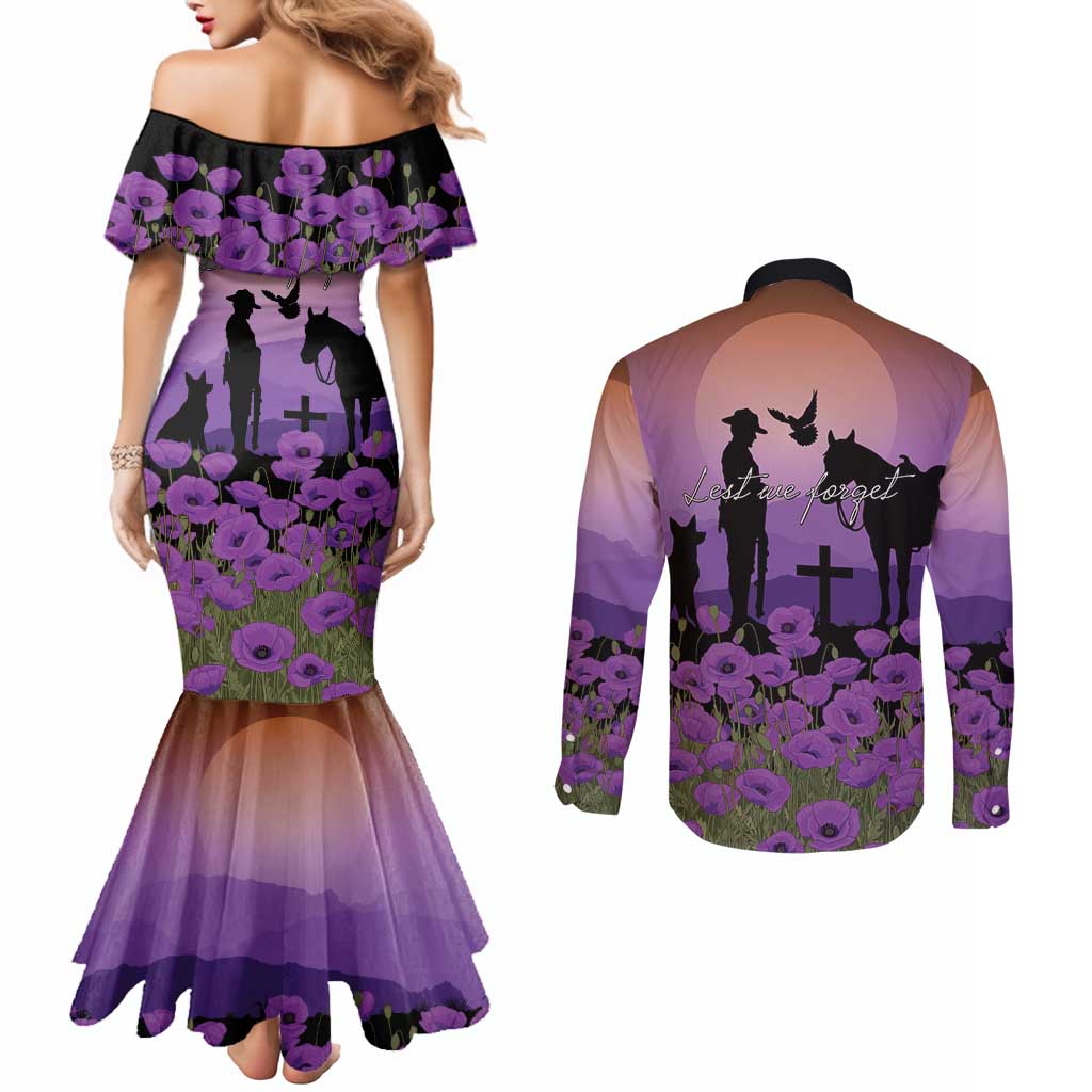 Australia ANZAC Animal Heroes Couples Matching Mermaid Dress and Long Sleeve Button Shirt Purple Poppies