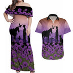 Australia ANZAC Animal Heroes Couples Matching Off Shoulder Maxi Dress and Hawaiian Shirt Purple Poppies