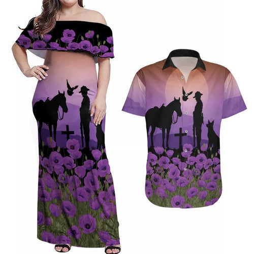 Australia ANZAC Animal Heroes Couples Matching Off Shoulder Maxi Dress and Hawaiian Shirt Purple Poppies