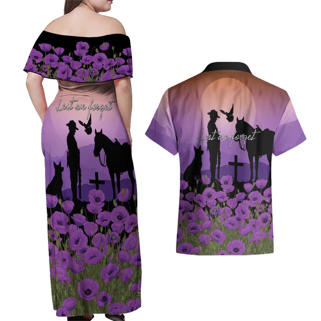 Australia ANZAC Animal Heroes Couples Matching Off Shoulder Maxi Dress and Hawaiian Shirt Purple Poppies