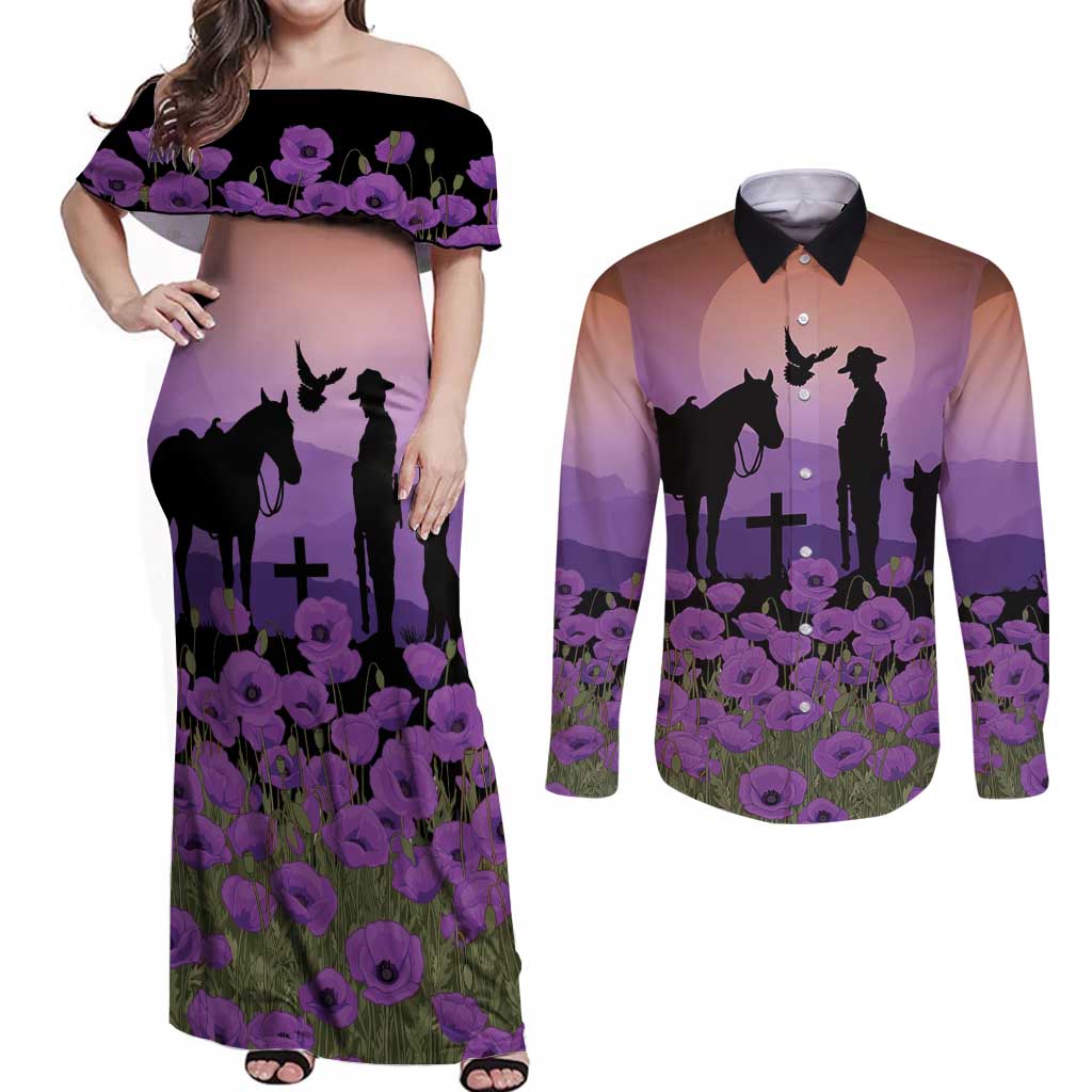 Australia ANZAC Animal Heroes Couples Matching Off Shoulder Maxi Dress and Long Sleeve Button Shirt Purple Poppies