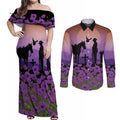 Australia ANZAC Animal Heroes Couples Matching Off Shoulder Maxi Dress and Long Sleeve Button Shirt Purple Poppies