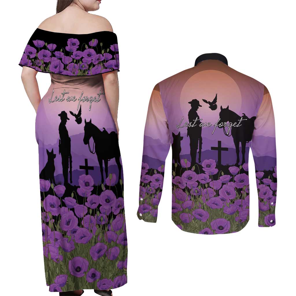 Australia ANZAC Animal Heroes Couples Matching Off Shoulder Maxi Dress and Long Sleeve Button Shirt Purple Poppies