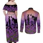 Australia ANZAC Animal Heroes Couples Matching Off Shoulder Maxi Dress and Long Sleeve Button Shirt Purple Poppies