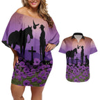 Australia ANZAC Animal Heroes Couples Matching Off Shoulder Short Dress and Hawaiian Shirt Purple Poppies