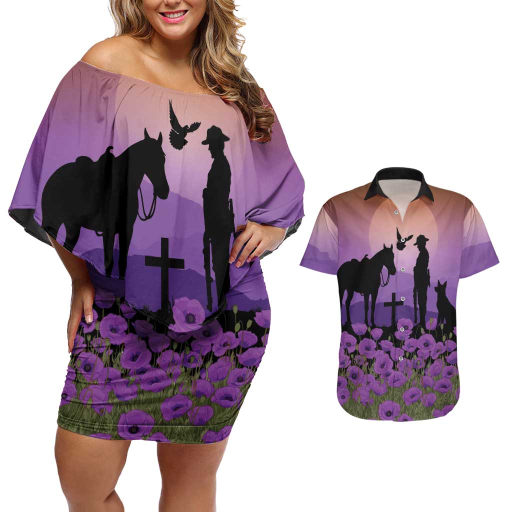 Australia ANZAC Animal Heroes Couples Matching Off Shoulder Short Dress and Hawaiian Shirt Purple Poppies