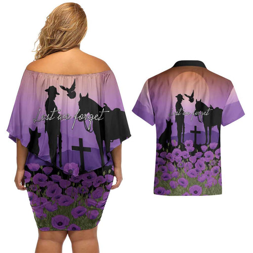 Australia ANZAC Animal Heroes Couples Matching Off Shoulder Short Dress and Hawaiian Shirt Purple Poppies