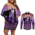 Australia ANZAC Animal Heroes Couples Matching Off Shoulder Short Dress and Long Sleeve Button Shirt Purple Poppies