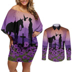Australia ANZAC Animal Heroes Couples Matching Off Shoulder Short Dress and Long Sleeve Button Shirt Purple Poppies