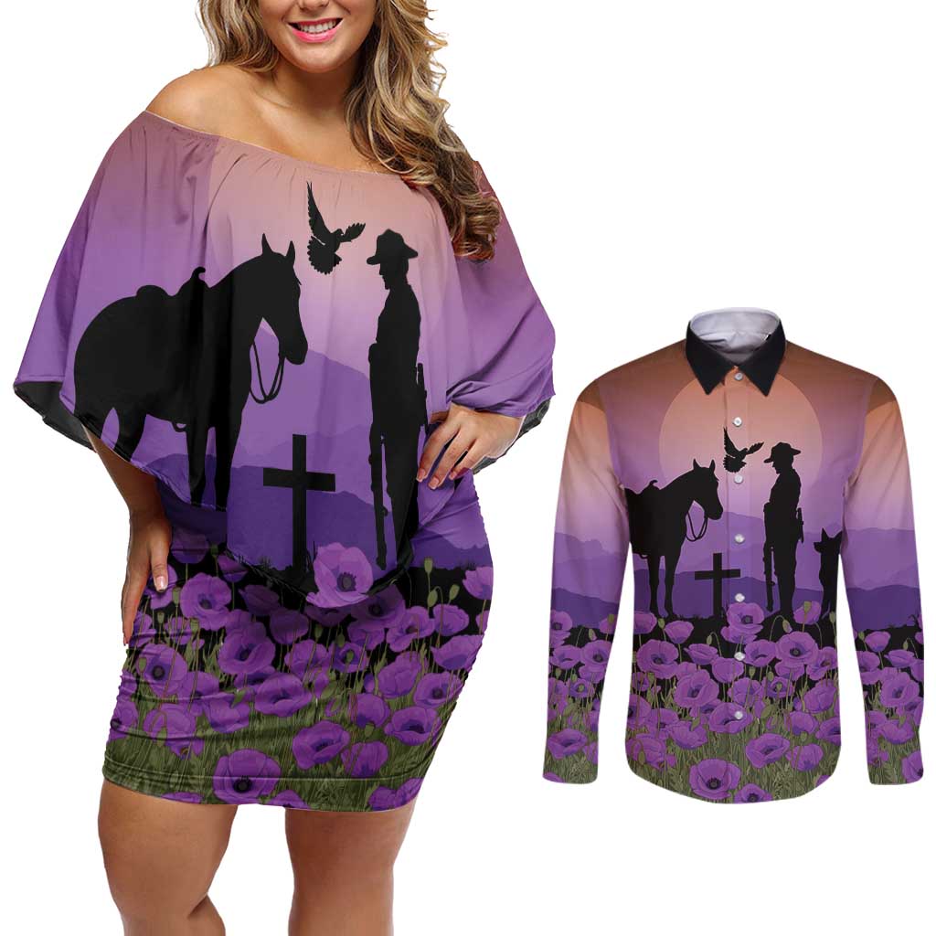 Australia ANZAC Animal Heroes Couples Matching Off Shoulder Short Dress and Long Sleeve Button Shirt Purple Poppies
