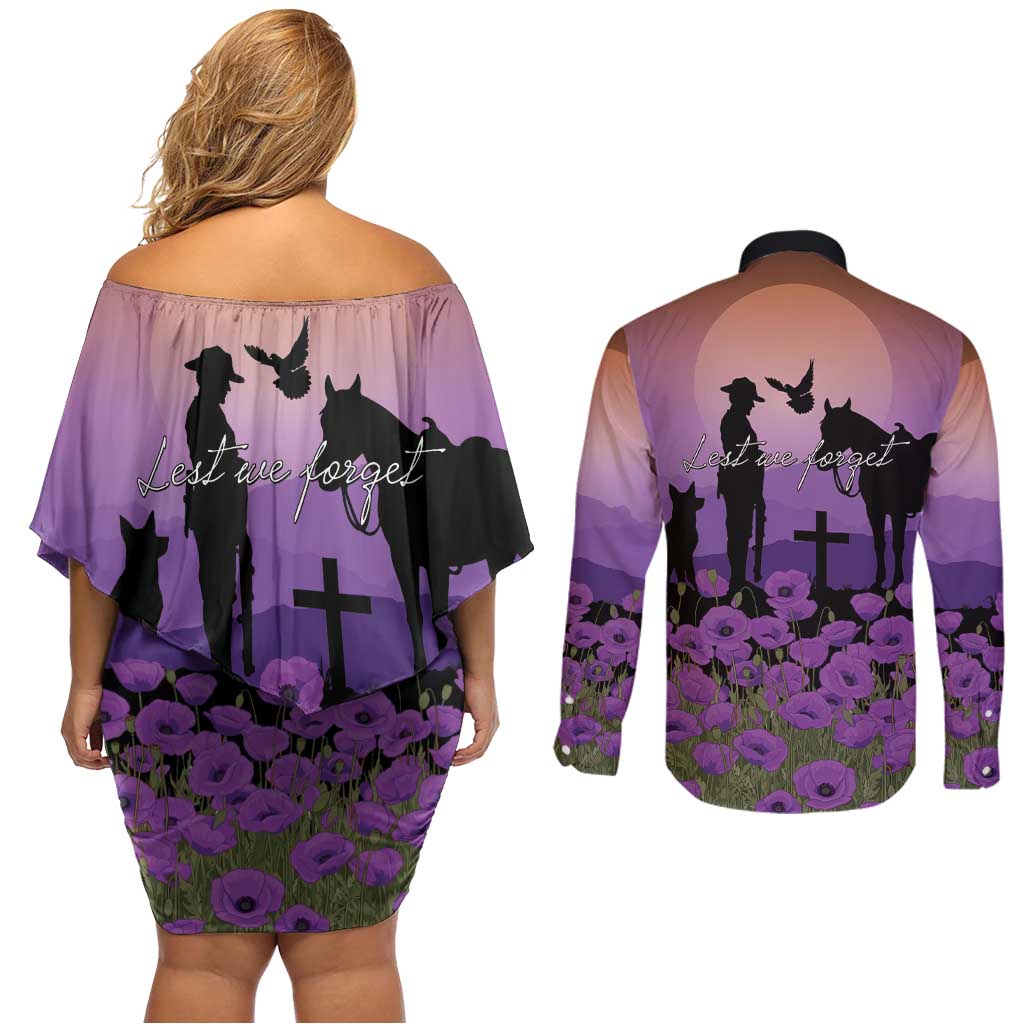 Australia ANZAC Animal Heroes Couples Matching Off Shoulder Short Dress and Long Sleeve Button Shirt Purple Poppies