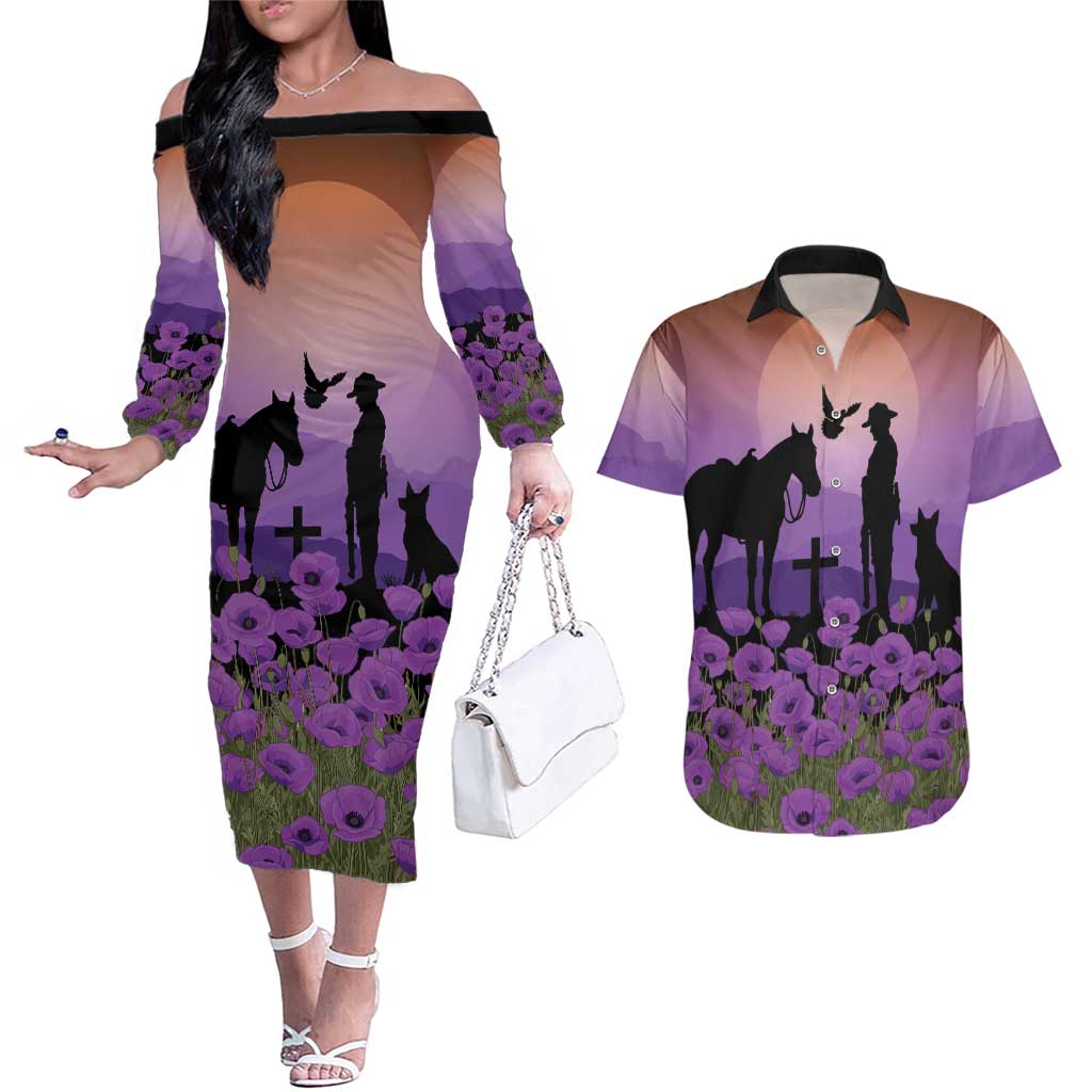Australia ANZAC Animal Heroes Couples Matching Off The Shoulder Long Sleeve Dress and Hawaiian Shirt Purple Poppies