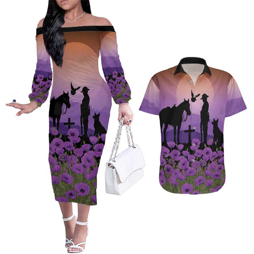 Australia ANZAC Animal Heroes Couples Matching Off The Shoulder Long Sleeve Dress and Hawaiian Shirt Purple Poppies