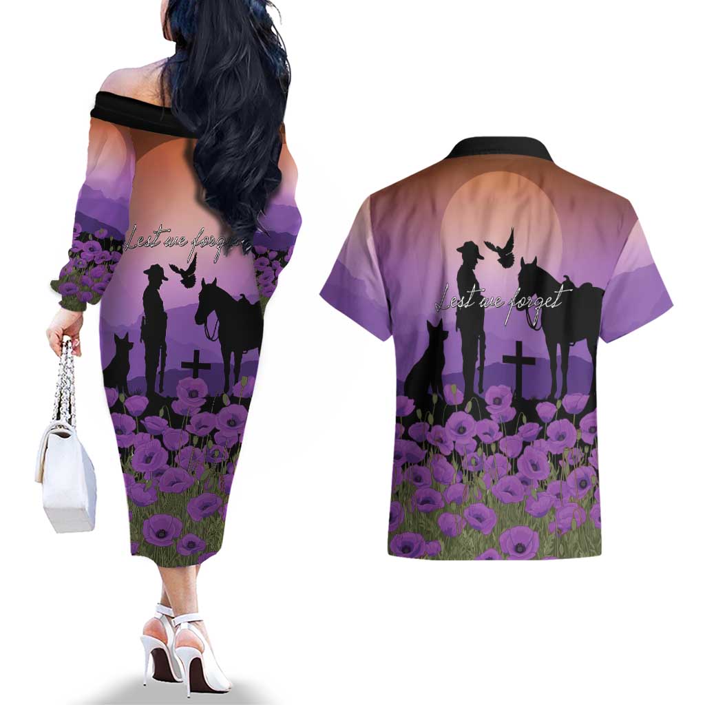 Australia ANZAC Animal Heroes Couples Matching Off The Shoulder Long Sleeve Dress and Hawaiian Shirt Purple Poppies