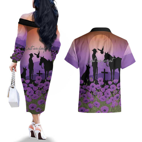 Australia ANZAC Animal Heroes Couples Matching Off The Shoulder Long Sleeve Dress and Hawaiian Shirt Purple Poppies
