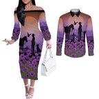 Australia ANZAC Animal Heroes Couples Matching Off The Shoulder Long Sleeve Dress and Long Sleeve Button Shirt Purple Poppies