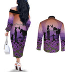 Australia ANZAC Animal Heroes Couples Matching Off The Shoulder Long Sleeve Dress and Long Sleeve Button Shirt Purple Poppies