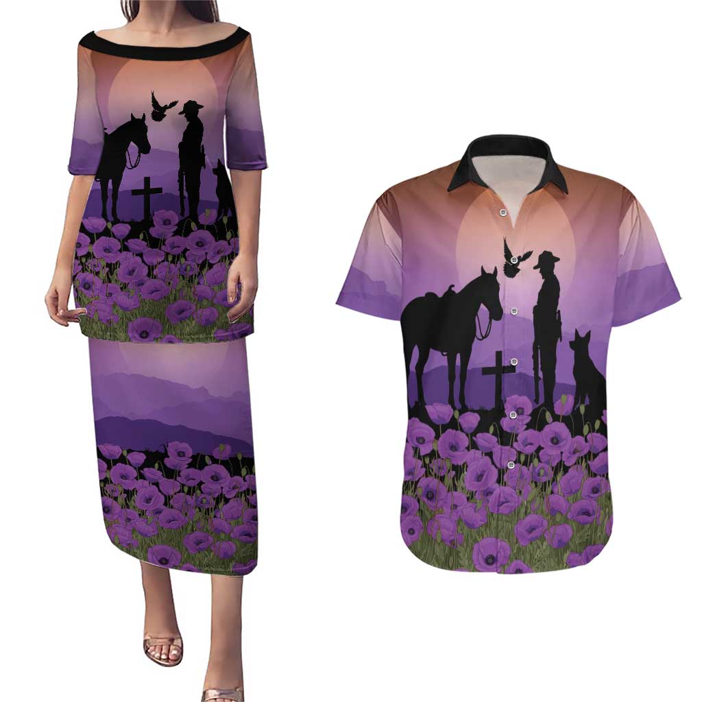 Australia ANZAC Animal Heroes Couples Matching Puletasi and Hawaiian Shirt Purple Poppies
