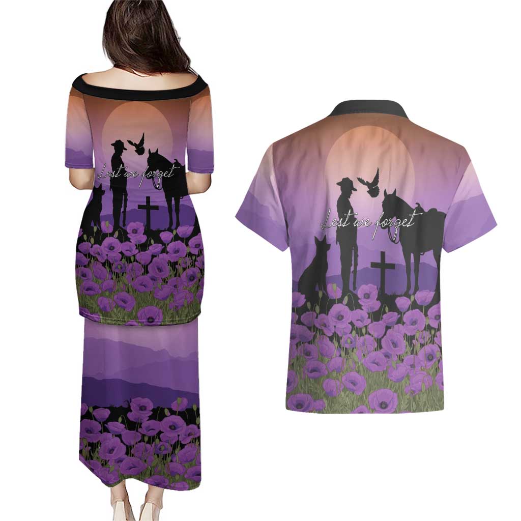 Australia ANZAC Animal Heroes Couples Matching Puletasi and Hawaiian Shirt Purple Poppies