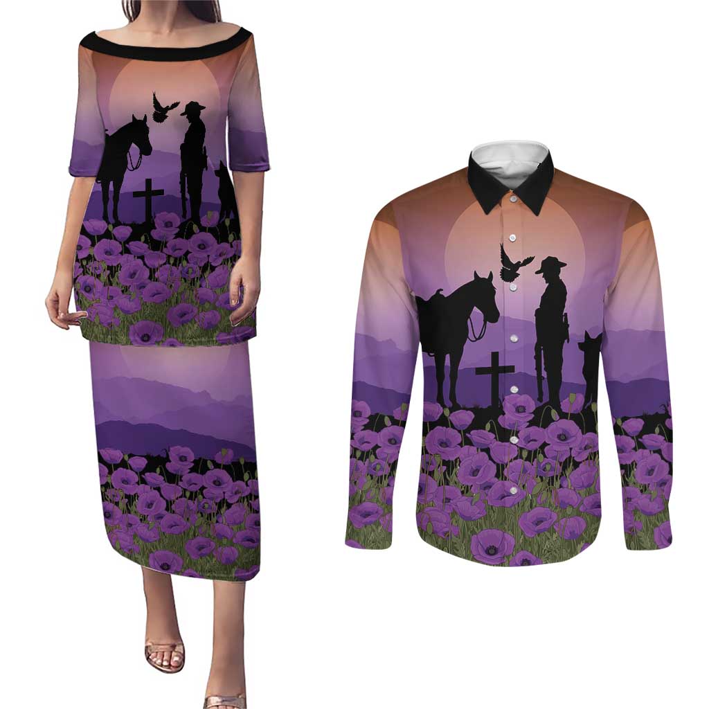 Australia ANZAC Animal Heroes Couples Matching Puletasi and Long Sleeve Button Shirt Purple Poppies