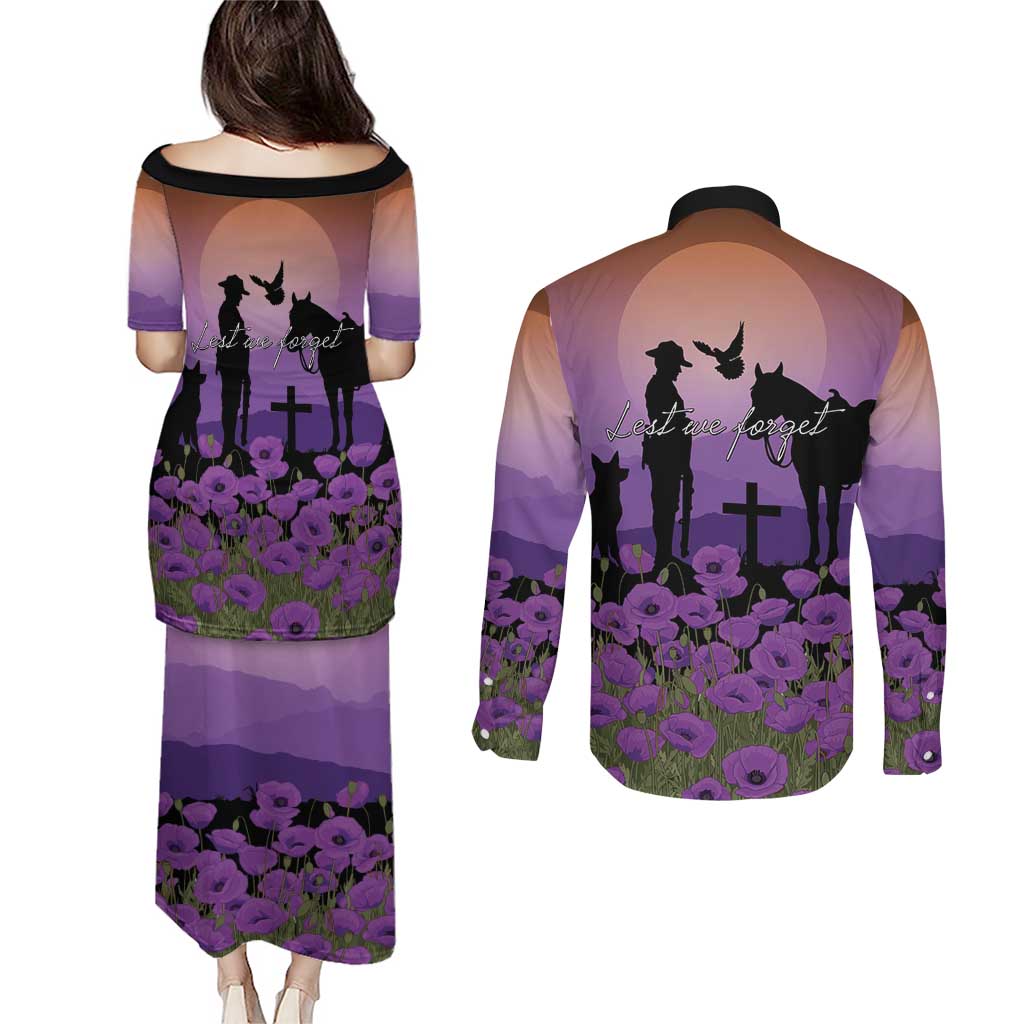 Australia ANZAC Animal Heroes Couples Matching Puletasi and Long Sleeve Button Shirt Purple Poppies