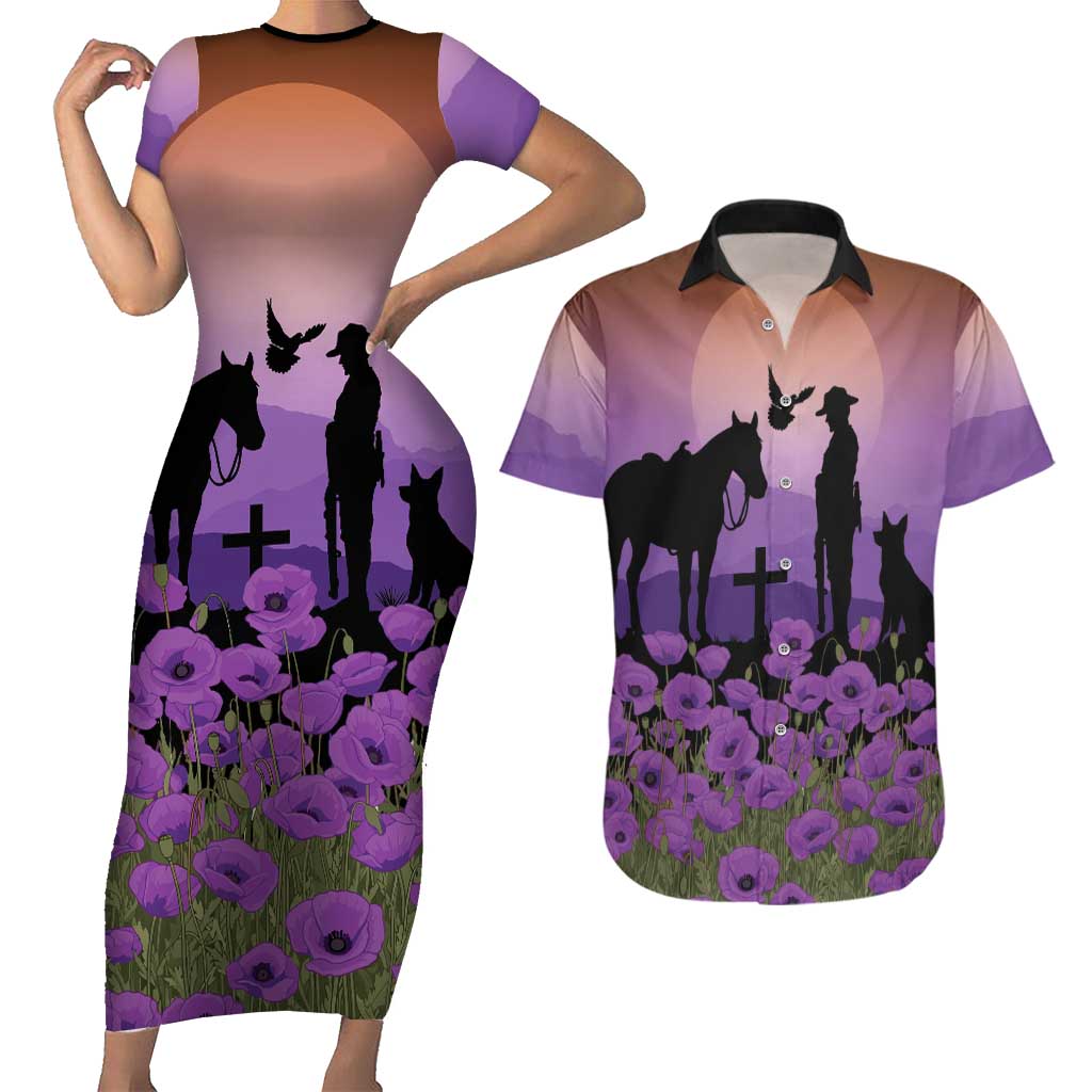 Australia ANZAC Animal Heroes Couples Matching Short Sleeve Bodycon Dress and Hawaiian Shirt Purple Poppies