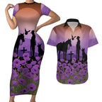 Australia ANZAC Animal Heroes Couples Matching Short Sleeve Bodycon Dress and Hawaiian Shirt Purple Poppies