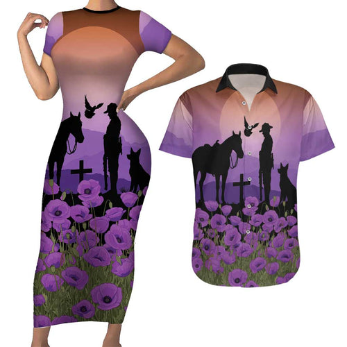 Australia ANZAC Animal Heroes Couples Matching Short Sleeve Bodycon Dress and Hawaiian Shirt Purple Poppies