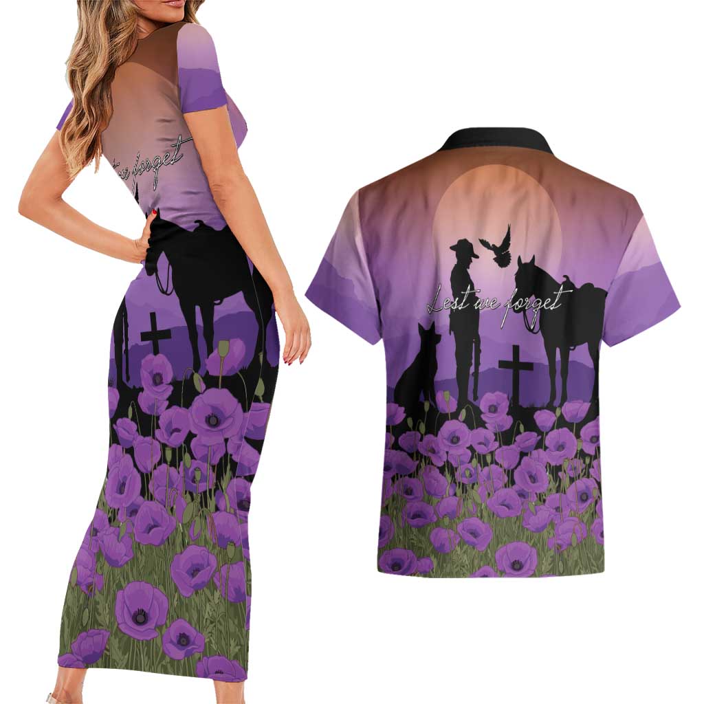 Australia ANZAC Animal Heroes Couples Matching Short Sleeve Bodycon Dress and Hawaiian Shirt Purple Poppies