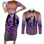 Australia ANZAC Animal Heroes Couples Matching Short Sleeve Bodycon Dress and Long Sleeve Button Shirt Purple Poppies