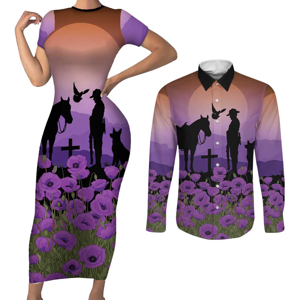 Australia ANZAC Animal Heroes Couples Matching Short Sleeve Bodycon Dress and Long Sleeve Button Shirt Purple Poppies