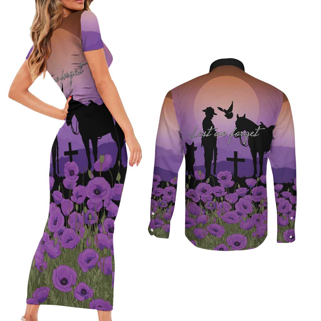 Australia ANZAC Animal Heroes Couples Matching Short Sleeve Bodycon Dress and Long Sleeve Button Shirt Purple Poppies