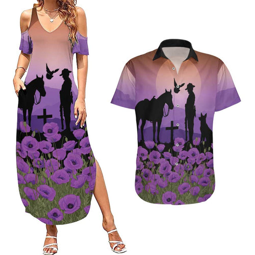 Australia ANZAC Animal Heroes Couples Matching Summer Maxi Dress and Hawaiian Shirt Purple Poppies