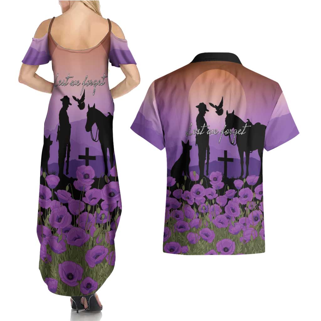 Australia ANZAC Animal Heroes Couples Matching Summer Maxi Dress and Hawaiian Shirt Purple Poppies