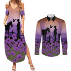 Australia ANZAC Animal Heroes Couples Matching Summer Maxi Dress and Long Sleeve Button Shirt Purple Poppies