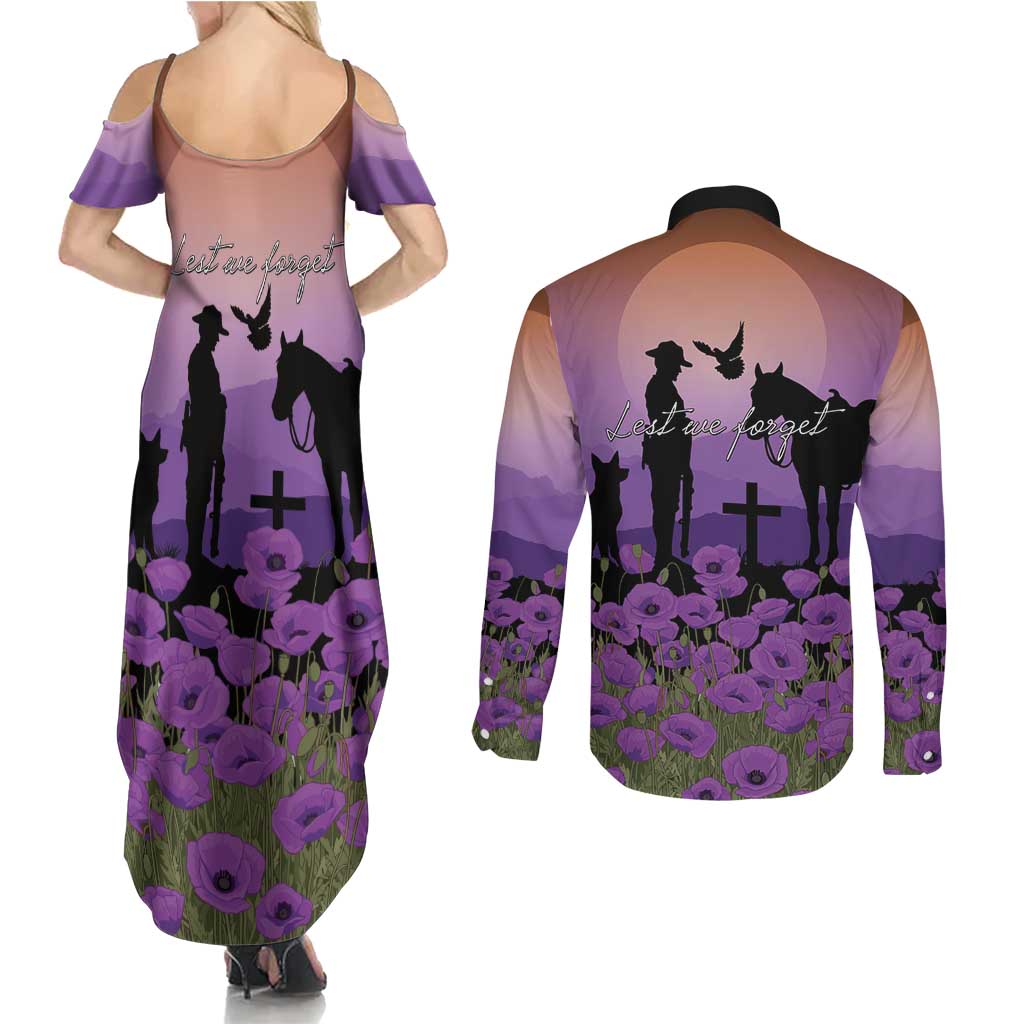 Australia ANZAC Animal Heroes Couples Matching Summer Maxi Dress and Long Sleeve Button Shirt Purple Poppies