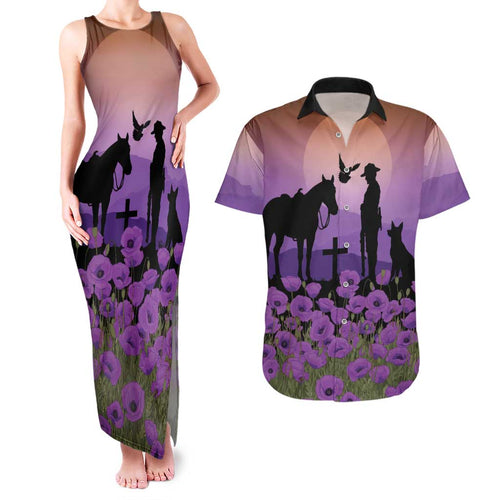 Australia ANZAC Animal Heroes Couples Matching Tank Maxi Dress and Hawaiian Shirt Purple Poppies